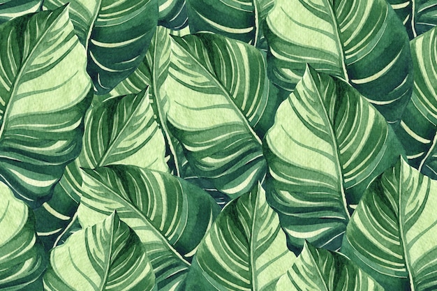 Pintura en acuarela de hojas tropicales coloridas con un patrón sin costuras
