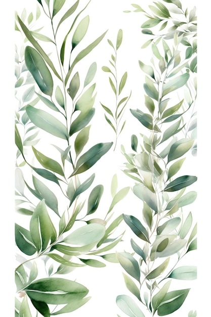 Una pintura de acuarela de hojas verdes sobre un fondo blanco.