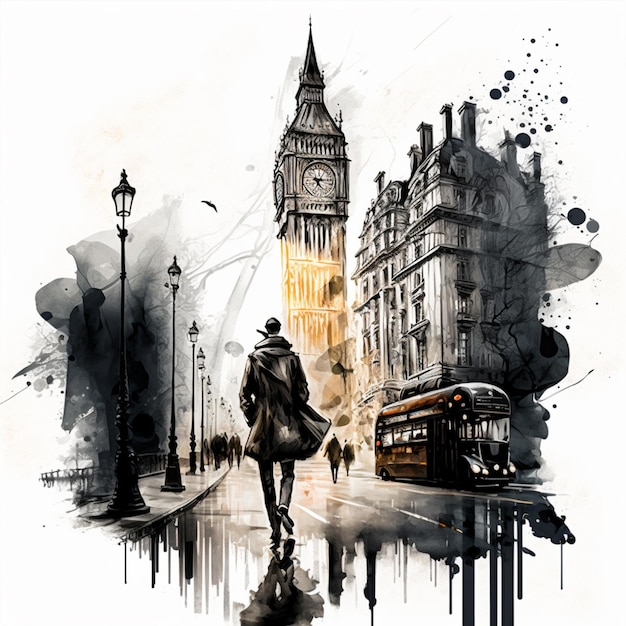 Una pintura de acuarela de un hombre caminando frente al Big Ben.