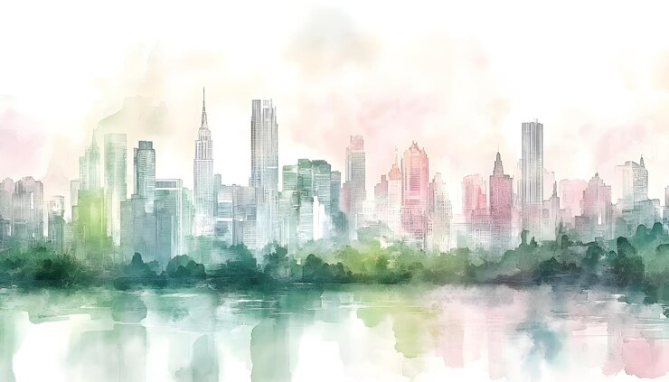 Pintura en acuarela de un horizonte de una ciudad moderna con reflejos en el agua