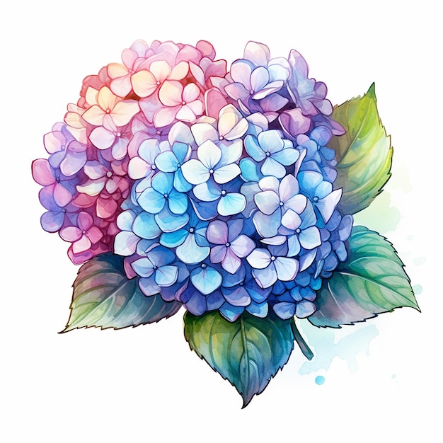 Una pintura de acuarela de una hortensia azul con hojas verdes.