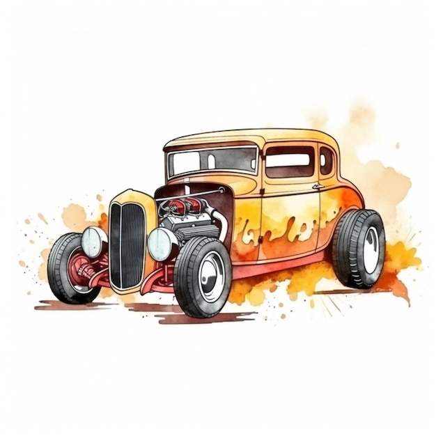 Una pintura de acuarela de un hot rod con un hot rod en amarillo y rojo.