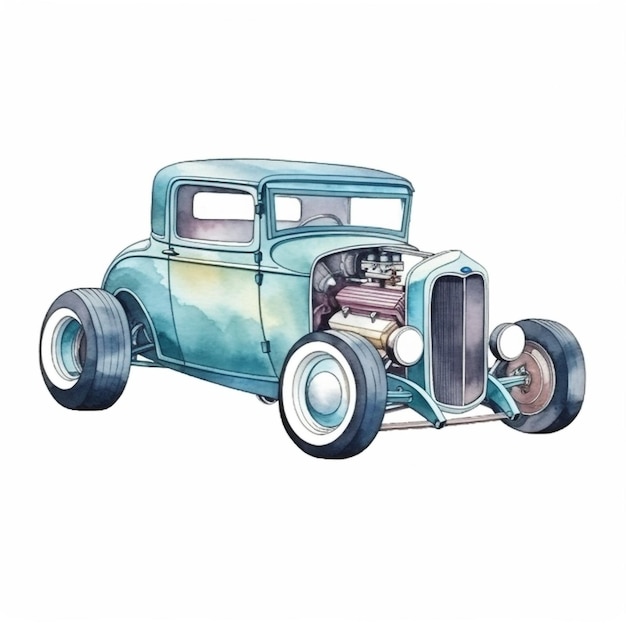 Una pintura de acuarela de un hot rod vintage.