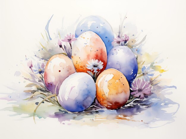 Foto pintura en acuarela de huevos de pascua tarjeta de felicitación de pascua