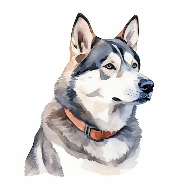 Pintura de acuarela de Husky siberiano minimalista sobre fondo blanco