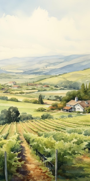 Pintura de acuarela idílica en el campo del viñedo con vista a la montaña