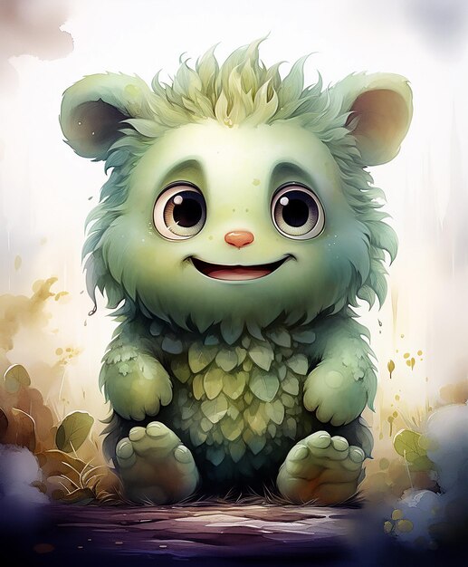 pintura de acuarela de ilustración de monstruo verde lindo