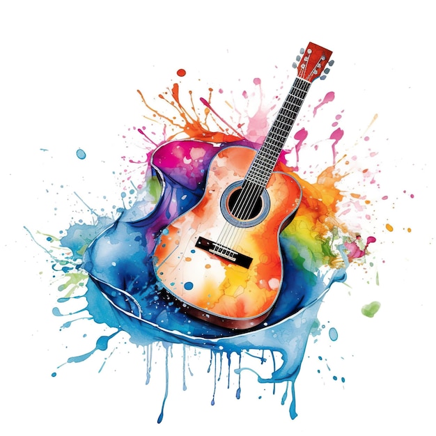 Una pintura de acuarela de una imagen de ai generativa de guitarra acústica.