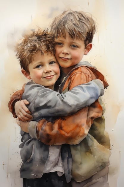 Pintura en acuarela de la imagen de niños pequeños abrazándose y abrazándose