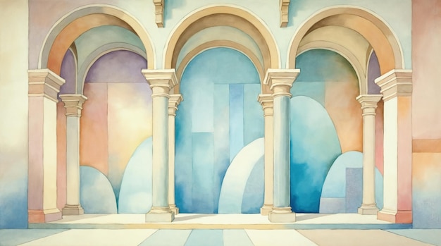 Pintura en acuarela de un interior arquitectónico con arcos y columnas