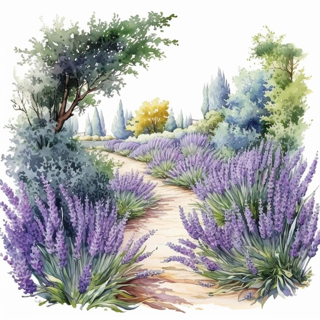 Pintura de acuarela de jardín de lavanda de la artista mary generative ai