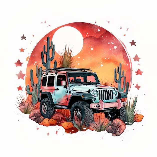 Una pintura de acuarela de un jeep con un paisaje desértico de fondo.