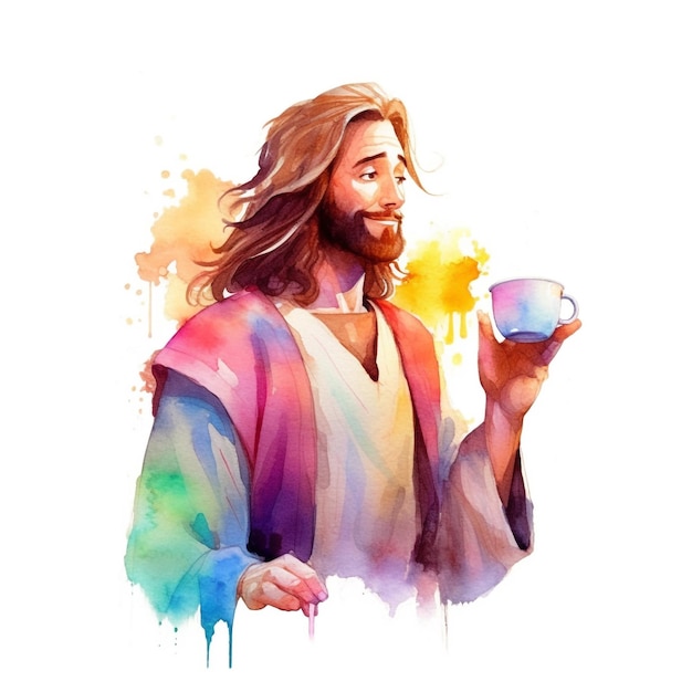 Pintura de acuarela de jesús sosteniendo una taza de café