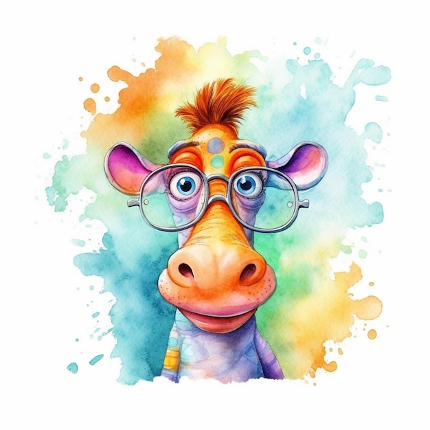 Una pintura de acuarela de una jirafa con gafas y una camisa de color arcoíris.