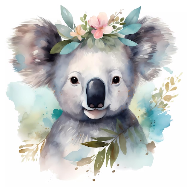 Una pintura de acuarela de un koala con una corona de flores.