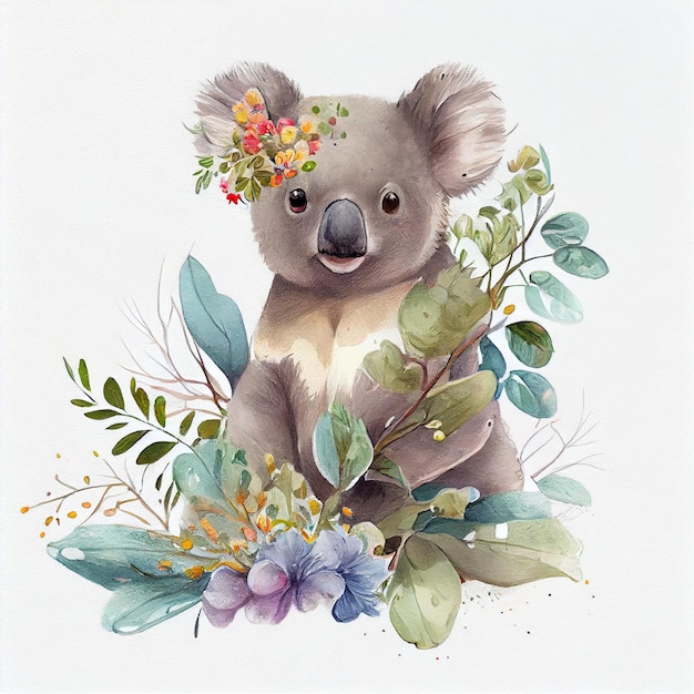 Una pintura de acuarela de un koala con flores y hojas.