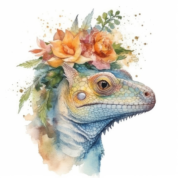 Una pintura de acuarela de un lagarto con una corona de flores en la cabeza.