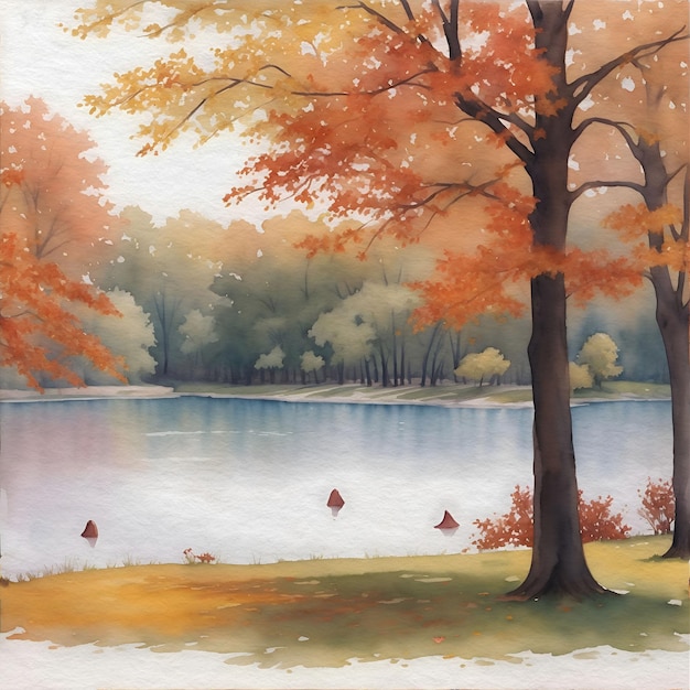 Pintura de acuarela de un lago tranquilo rodeado de árboles