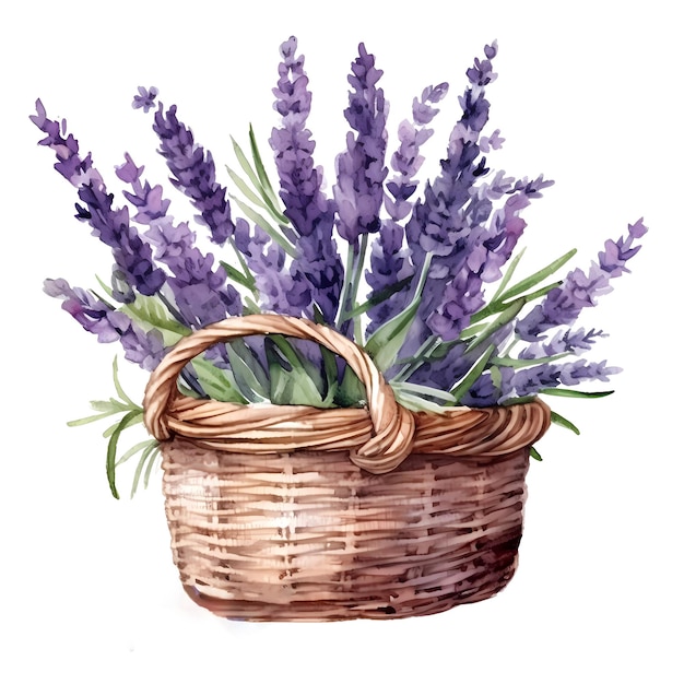 Pintura en acuarela de lavanda en una canasta de mimbre