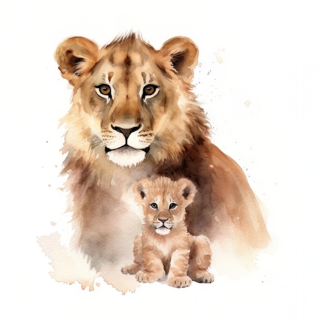 Una pintura de acuarela de un león y un cachorro.