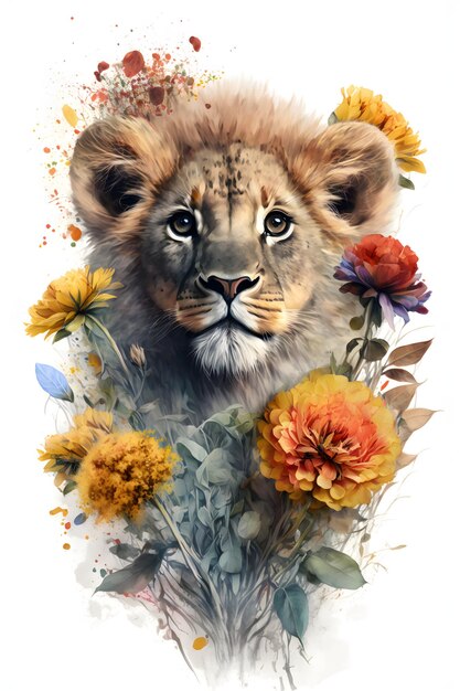 Una pintura de acuarela de un león con flores y hojas.