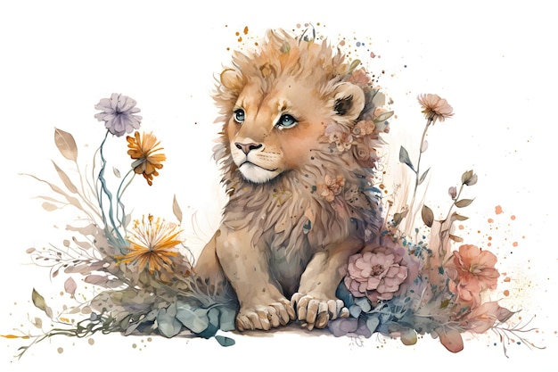 Una pintura de acuarela de un león sentado en flores.