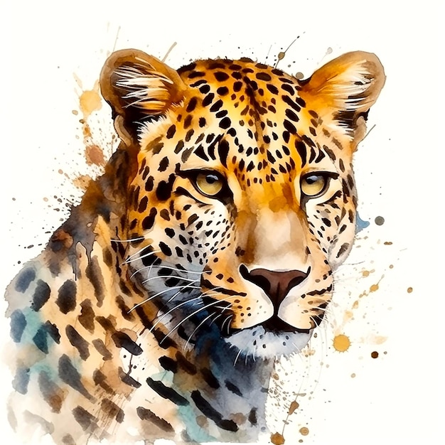 Pintura acuarela de un leopardo con cara marrón y ojos amarillos.