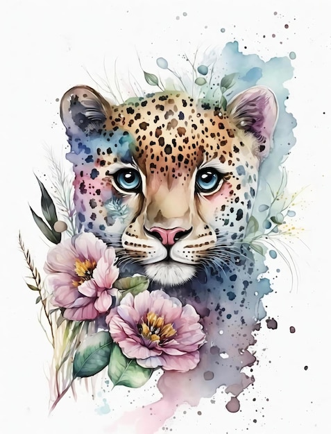 Una pintura de acuarela de un leopardo con flores.