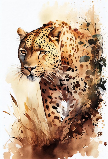 Una pintura de acuarela de un leopardo con manchas de diferentes colores.