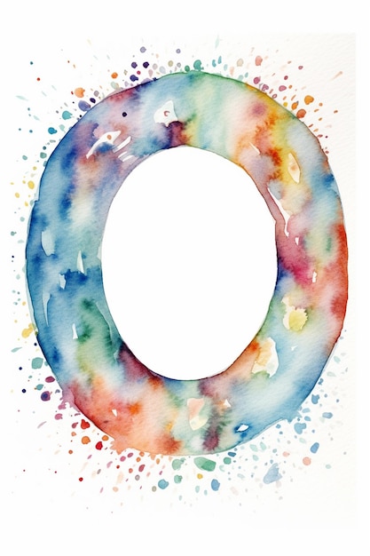 Una pintura de acuarela de una letra o con un borde blanco y un círculo azul en el centro.