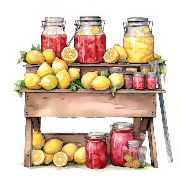 Una pintura de acuarela de limones y mermeladas.