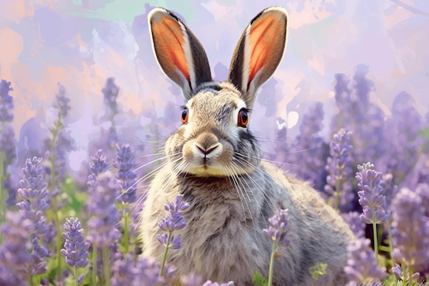 Pintura en acuarela de un lindo conejo de Pascua sobre un fondo de lavanda