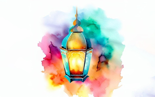 Pintura acuarela de una linterna sobre un fondo colorido.