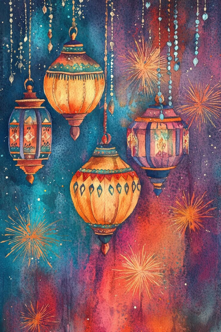 una pintura a la acuarela de linternas y las palabras la noche