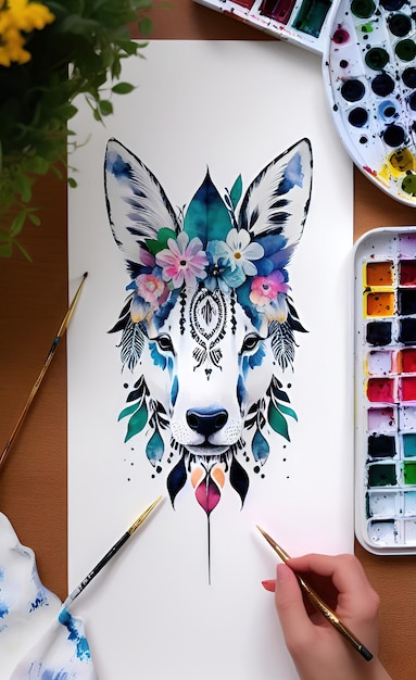 Una pintura de acuarela de un lobo con una diadema floral.