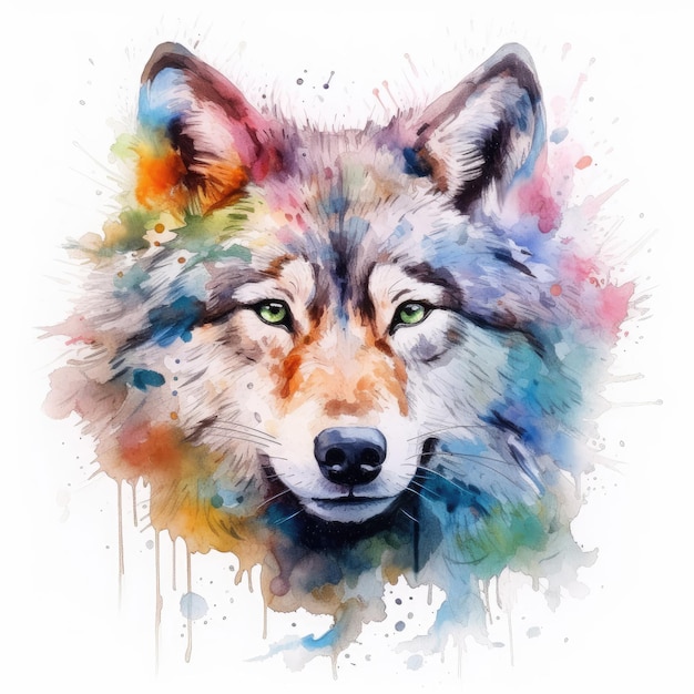 Pintura en acuarela de un lobo con fondo blanco