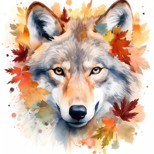 Una pintura de acuarela de un lobo con hojas de otoño.