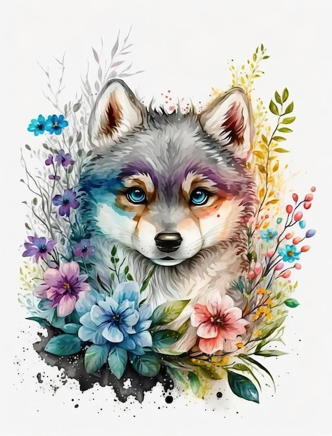 Una pintura de acuarela de un lobo con ojos azules y un fondo de flores.