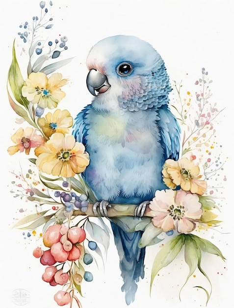 Una pintura de acuarela de un loro azul con flores.