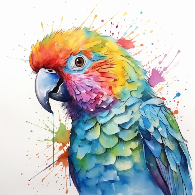 Una pintura de acuarela de un loro con una cabeza azul y amarilla.