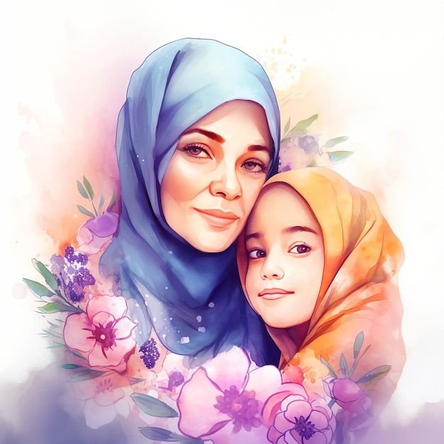 Una pintura de acuarela de una madre y una hija con hiyab con flores para el día de la madre.