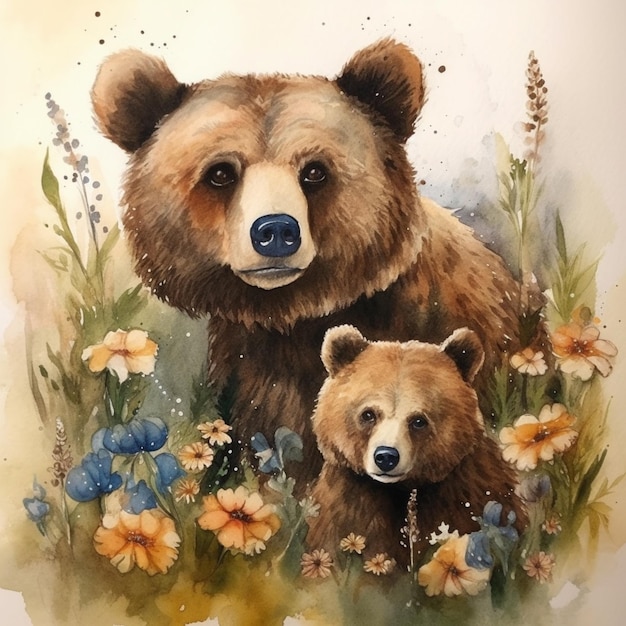 Una pintura de acuarela de una madre y un oso bebé.