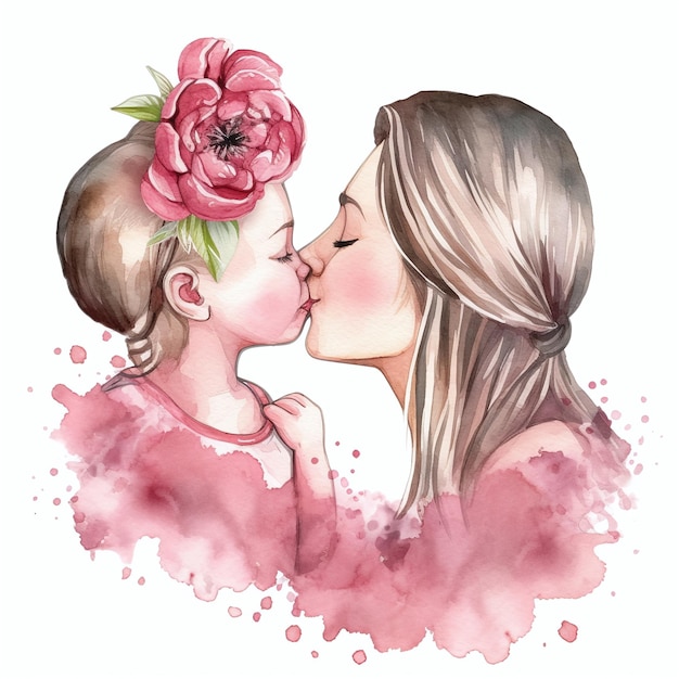 Una pintura de acuarela de una madre y su hija besándose.