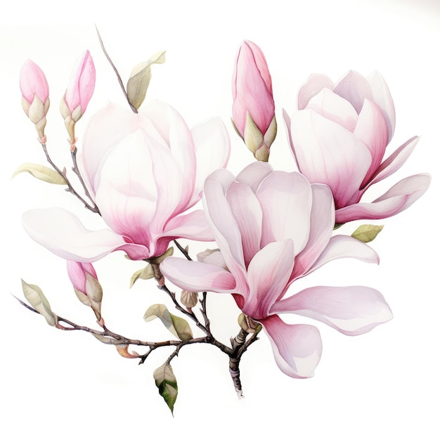 Pintura en acuarela de magnolia con fondo blanco