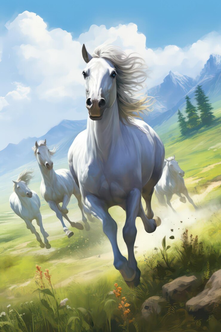 Pintura acuarela de una manada de caballos en el prado.