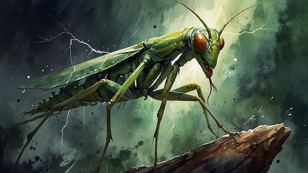 Foto pintura en acuarela una mantis capturando a su presa con velocidad relámpago su poderoso agarre y notable