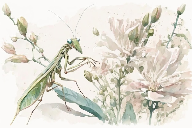 Una pintura de acuarela de una mantis religiosa en una flor