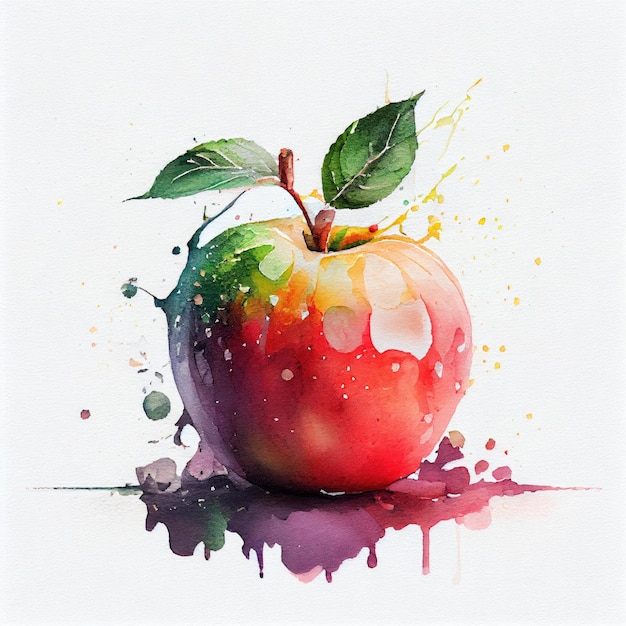 Una pintura de acuarela de una manzana con una hoja verde.