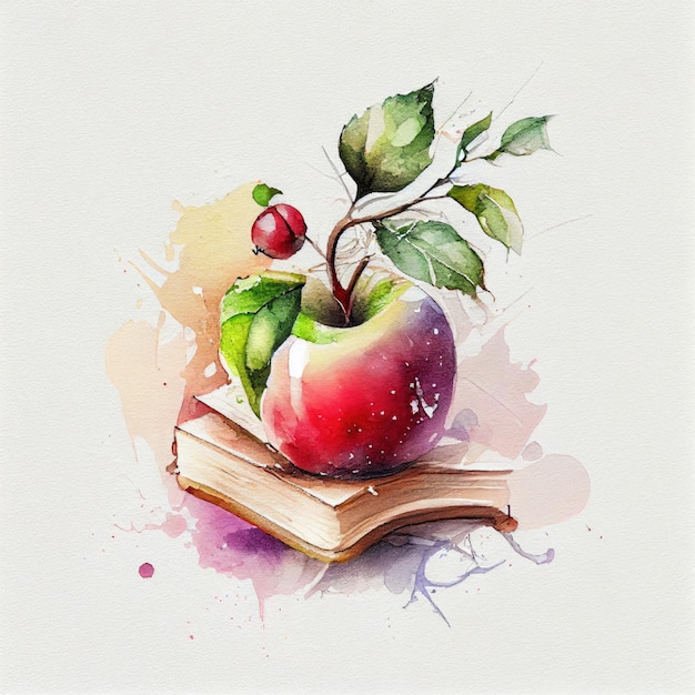 Una pintura de acuarela de una manzana con una planta en ella.