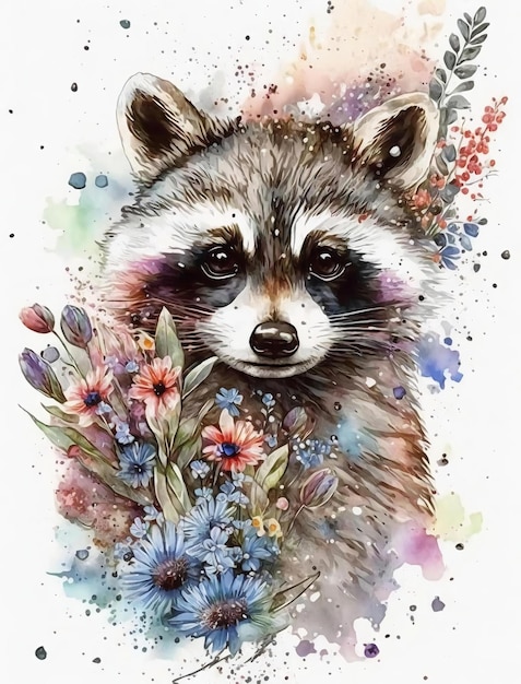 Una pintura de acuarela de un mapache con flores y las palabras mapache.